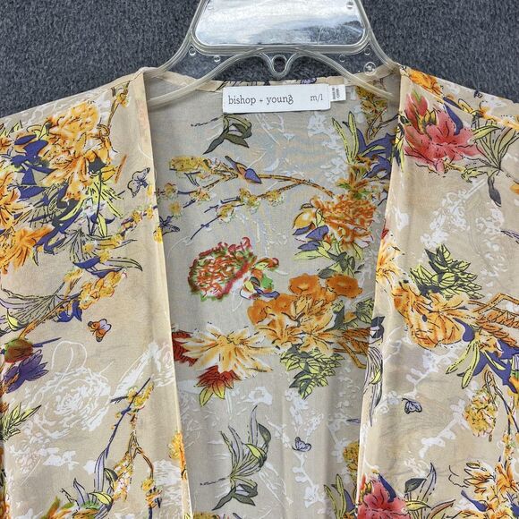 Bishop + Young Kimono Cardigan Womens Medium Large Beige Floral Fringe Sheer - Picture 3 of 16